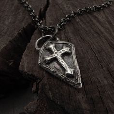 Medieval Cross Shield Silver Pendant Necklace Right Antique Silver Hand Forged Sterling Silver Necklaces, Hand Forged Antique Silver Sterling Necklace, Hand Forged Sterling Silver Necklace In Antique Silver, Antique Silver Hand Cast Sterling Silver Necklace, Hand Cast Antique Silver Sterling Silver Necklace, Hand Cast Sterling Silver Necklace In Antique Silver, Sterling Silver Necklace With Oxidized Cross Pendant, Oxidized Metal Cross Pendant Jewelry, Antique Sterling Silver Necklaces With Lost Wax Casting