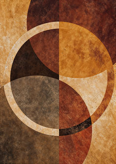 an abstract painting with circles and lines in brown, black, yellow and tan colors