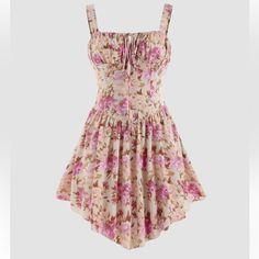 Size Medium Sold Out Everywhere Never Worn Very Flowy And Cute Perfect For Spring Fitted Beige Floral Print Sundress, Fitted Beige Sundress With Floral Print, Pink Floral Corset, Cider Dresses, Ruched Maxi Dress, Floral Corset, Corset Mini Dress, Ruched Midi Dress, Midi Dress With Sleeves