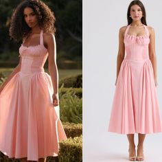 This Stunning Midi Sundress Is Pretty In Pink. Cut From Stretch Cotton-Rich Fabric, It Has A Prettily Gathered Bustier Neckline With Wide Self Tie Halter Straps And A Flattering Fitted Bodice. The Voluminous Midi Skirt Has A Gorgeous Floaty Feel That's Filled With Soft Tulle To Hold The Feminine Shape Beautifully. It Zips To The Back For Easy On And Is Of Course Fully Lined In 100% Viscose For Comfort. The 'Regular' Cup Option Suits Cup Size A-C Whilst The 'Bigger' Cup Option Suits Cup Size D-E. Pink Romantic Dress, Vintage Pink Dresses, Pink Midi Dress With Fitted Bodice For Garden Party, Pretty Pink Dresses, Raspberry Dress, Pink Ruched Bodice Dress For Garden Party, Pink Dress With Ruched Bodice For Garden Party, Pink Dress For Garden Party With Ruched Bodice, House Of Cb Pink Dress