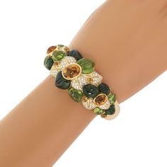 68ct Diamond Peridot & Tourmaline 18k Yellow Gold Large Floral Cuff Bracelet | eBay Floral Cuff, Green Tourmaline, Cuff Bracelet, Tourmaline, Yellow Gold, Carving, Cuff, Bracelet, Gemstones