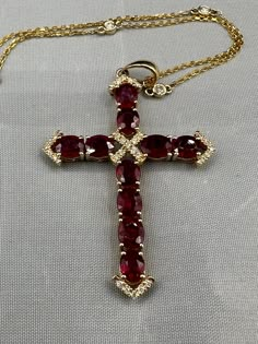 Beautiful 4.39ctw Ruby & 0.19ctw Diamonds 14k Yellow Gold 4.78 grams Pendant Chain length 18in. Gold Diamond Chain, Ruby Necklace Aesthetic, Ruby Cross Necklace, Rubies Aesthetic, Ruby Jewellery, Pendant Necklace Gold, Xoxo Jewelry, Dope Jewelry Accessories, Ruby Necklace