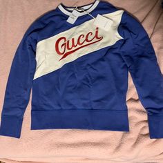 Gucci Boys Size 12 Sweatshirt Gucci Casual Blue Sweater, Gucci Blue Casual Sweater, Gucci Blue Long Sleeve Sweater, Casual Blue Gucci Sweater, Blue Long Sleeve Gucci Sweater, Gucci Long Sleeve Winter Sweatshirt, Gucci White Sweater With Ribbed Cuffs, Red Long Sleeve Sweatshirt With Logo, Gucci Cotton Sweatshirt With Logo