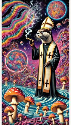 a painting of a cat wearing a priest's outfit and holding a pipe in his hand