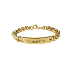 "This engraved gold men's bracelet can be personalized on both sides with a name, initials, or date. With a simple design, this Figaro link stainless steel id bracelet is a great gift for any occasion. Can be shortened to any length upon request Finish: High Polished Gold Plated Stainless Steel Clasp Type: Lobster Link Style: Curb Plaque Dimensions: 1 3/4 x 5/16 inch 8 or 8 1/2 inch long please give us the instructions Bracelet Length: 8\" or 8 1/2  (please measure wrist prior to purchase) Upon purchase you can send the text you would like engraved along with the font style in a message. If the engraving is too long or needs to be revised in any way, you will be contacted in a reply message with the revision that is required. You can also send a message prior to purchase to discuss the eng Engraved Bracelet Silver, Mens Bracelet Personalized, Custom Engraved Bracelet, Medical Bracelet, Jewellery Marketing, Mens Gold Bracelets, Name Initials, Id Bracelets, Engraved Bracelet