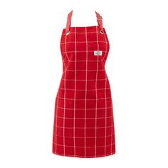 a red and white plaid apron with straps