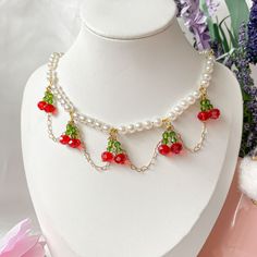 Trending Handmade Jewelry, Red Beaded Jewelry, Red Beads Jewellery, Cherry Accessories, Cherry Beads, Necklace Fairycore, Cherry Jewelry, Fairycore Jewelry, Cherry Pearl