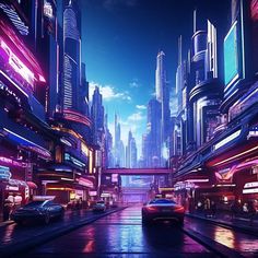 a futuristic city with neon lights and cars driving down the street in front of tall buildings