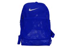 Nike Brasilia Mesh BackpackThe Nike Brasilia mesh backpack adds a cool spin to back to school. It boasts a mesh construction with large main compartment, internal pockets and a laptop sleeve. Keep it comfy with the adjustable padded shoulder straps and stay hydrated with dual water bottle pockets on both sides.Polyester mesh materialZip closuresInternal pockets for organizationDual drink holdersLaptop sleeveFront zip pocketTop carry handleAdjustable padded shoulder strapsDimensions: 18"H x Daily Use Mesh Backpack Bag, Nike Nylon Travel Backpack, Nike Nylon Backpack For Travel, Sporty Backpack With Mesh Pockets, Casual Backpack With Mesh Pockets For Daily Use, Nike Nylon Backpack, Sporty Blue Sports Backpack, Sporty Blue Backpack For Sports, Sports Mesh Backpack