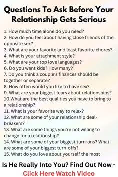 Questions To Ask Before Your Relationship Gets Serious #dating #relationship #datintips #couple #relationshipgoal Questions To Ask Situationship, Questions Before Relationship, Questions To Ask Before Dating, Romantic Questions For Couples, Couple Finances, Hero Instinct, Flirty Questions