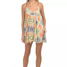 New With Tags. Printed Multi Colored Beach / Summer Dress With Brown Braided Spaghetti Straps Size L (Juniors Size 9/11 And Also Fits Women's Size 10/12) Chest / Bust = 35 - 37.5 Inches Waist = 28 - 29.5 Inches V Neck Elastic Waist Lined Fast Shipping From North Carolina. Stored In A Smoke Free Environment. Casual Multicolor Print Sundress, Spring Mini Sundress With Vibrant Print, Casual Spaghetti Strap Vacation Dress, Summer Sundress With Vibrant Print, Summer Multicolor Mini Dress With Spaghetti Straps, Colorful Patterned Summer Mini Dress For Spring, Summer Mini Dress With Vibrant Print For Brunch, Colorful Patterned Mini Dress For Spring, Colorful Patterned Mini Dress For Spring And Summer