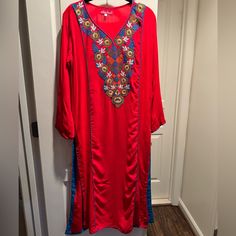 Size Large Red Shalwar Khameez Top Pakistani Or Indian Or Bangladeshi Style Kashmala Collection Chest Size 40 Inches Red And Blue Pattern No Pants Or Scarf In Excellent Condition Never Worn Red Bollywood Kurta With Dabka Embroidery, Red Bollywood Kurta With Dabka, Red Traditional Wear With Dabka Work For Festivals, Red Kaftan With Dupatta For Festivals, Festive Bohemian Long Salwar Kameez, Festive Long Bohemian Salwar Kameez, Traditional Red Kurta With Dabka, Red Semi-stitched Churidar With Dabka, Traditional Red Dabka Kurta