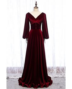 Buy dark red velvet vneck evening dress with lantern long sleeves at affordable price online. Free shipping and pro custom service since 2009. High Neck Long Sleeve Prom Dress, डिजाइनर कपड़े, Simple Bridesmaid Dresses, V Neck Prom Dresses, Prom Dress Long, Red Velvet Dress, Fancy Clothes, Burgundy Bridesmaid Dresses, Long Sleeve Prom