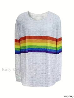 Katykey - Womens Plus-Size Casual T-Shirt: Rainbow Stripe Print, Long-Sleeved, Round-Necked, with Slight Stretch Casual Rainbow Tops With Letter Print, Casual Rainbow Letter Print Top, Casual Rainbow Crew Neck Tops, Rainbow Letter Print Crew Neck Top, Casual Rainbow Relaxed Fit Top, Casual Rainbow Print Top With Relaxed Fit, Casual Rainbow Print Relaxed Fit Top, Casual Relaxed Fit Rainbow Print Tops, Striped Rainbow Print Crew Neck Top