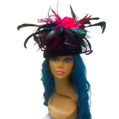 Handcrafted Bohemian Glammed-Up Round Black Felt Hat Fashioned With Tulle, Flowers, Black, Red And Turquoise Feathers. Ideal For Special Occasions, Reunions, Cocktail Parties, Festivals, Kentucky Derby. One-Of-A-Kind, One Size Fits Most, Handcrafted, Brand New, Never Worn. Fitted Bohemian Party Mini Hats, Whimsical Fitted Hat For Carnival, Pink Mini Hat For Festivals, Bohemian Fitted Party Hats, Curved Brim Mini Hats For Costume Party, Black Hat For Carnival, Bohemian Party Hat With Short Brim, Bohemian Costume Hats And Headpieces For Spring Party, Bohemian Party Hats With Short Brim