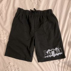 New Without Tags Batman Boys Black Shorts Size Large Black Summer School Bottoms, Black Short Bottoms With Letter Print, Black Summer Playwear Bottoms, Black Short Bottoms For School, Casual Letter Print Playwear Shorts, Black Shorts For School, Black Cotton Shorts For School, Black Cotton Shorts With Letter Print, Black Cotton School Shorts