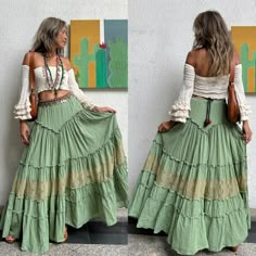 Boho Green Lace Trim Skirt,2 Piece Set Top and Skirt,smocked Top,bell Sleeves Lace Trim Crop Top,maternity Top and Skirt for Photoshoot. - Etsy Tops On Skirts, Boho Long Skirt Outfit, Boho Womens Outfits, Gypsycore Fashion, Bohemian Fashion Styles, Flowy Skirt Outfit, Boho Core, Boho Clothing Style, Goddess Skirt