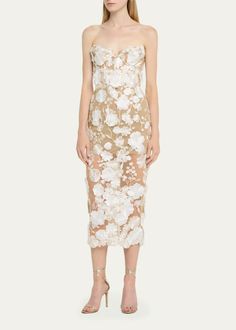 Bronx and Banco Jasmine Strapless Floral Applique Midi Dress - Bergdorf Goodman Rehearsal Dinner Looks, Bronx And Banco, Rehearsal Dress, Strapless Floral Dress, Strapless Midi Dress, Shades Of Beige, Flare Mini Dress, Dress Home, Red Midi Dress