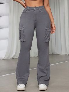 Women's Cargo Flared Jeans With Pockets Grey    Denim Plain Flare Leg High Stretch  Women Clothing, size features are:Bust: ,Length: ,Sleeve Length: Grey Flared Jeans, Jeans With Pockets, Jeans Cargo, Women Cargos, Grey Denim, Women Denim Jeans, Flared Jeans, Denim Women, Flare Jeans