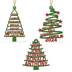 three christmas ornaments with the names of different countries in red, green and gold on them