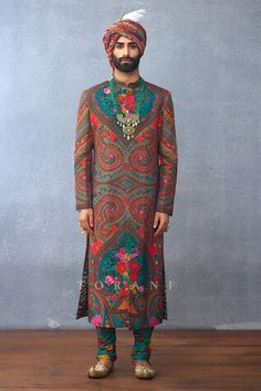 Multicolor full sleeve sherwani with paisley, clover, rose, heart print all over. Paired with solid kurta and printed churidar. - Aza Fashions Designer Long Sleeve Kurta For Festivals, Designer Long Sleeve Sherwani For Festivals, Multicolor Long Sleeve Bandhgala For Diwali, Designer Long Sleeve Kurta With Dupatta, Designer Multicolor Sherwani For Festive Occasions, Multicolor Long Sleeve Kurta With Naqshi, Multicolor Long Sleeve Jamawar Traditional Wear, Multicolor Sherwani With Chikankari Embroidery For Wedding, Fitted Multicolor Sherwani With Straight Kurta