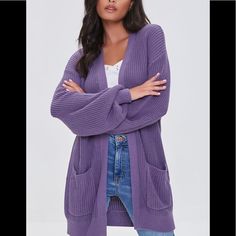 Open-Front Cardigan Sweater In Purple Size: Small Ribbed Knit Cardigan Sweater Featuring An Open Front, Dropped Long Sleeves, And Front Patch Pockets. 100% Cotton Hand Wash Cold Model Is 5'7.5" And Wearing Small Trendy Long Sleeve Sweater By Forever 21, Trendy Long Sleeve Sweater From Forever 21, Forever 21 Long Sleeve Fall Sweater, Forever 21 Trendy Long Sleeve Sweater, Forever 21 Long Sleeve Sweater For Fall, Forever 21 Fall Knit Sweater, Forever 21 Knit Sweater For Fall, Forever 21 Long Sleeve Winter Cardigan, Trendy Long Sleeve Cardigan By Forever 21