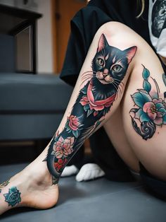 a cat tattoo on the leg of a woman's lower body, with flowers around her ankles