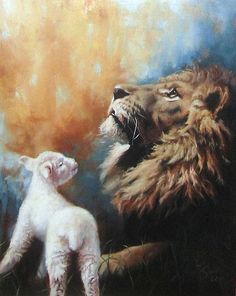 a painting of two lions and a lamb