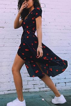 Cherry Dress Outfit, Spring Outfit Women, White Sneakers Outfit, Cherry Cherry, Navy Blue Midi Dress, Cherry Dress, Summer Dresses For Wedding Guest, Fashion Jackson, White Sneakers Women