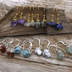 Gemstone Chip Earrings | Healing Stone Earrings | Dainty Crystal Earrings | Minimalist Drop Earrings | Raw Crystal Jewelry | Chip Beaded Great gift to give or keep for yourself Good vibes - healing energy dangle style wire earrings each piece is handmade and with love and positive energy! Choose the gemstone for your special healing properties. Some crystals help with wealth and success, while others are suited for love, relationships, peacefulness, and protection. Choose from Silver Plate or Gold Plate, wire earrings. Stone sizes vary between roughly 4-9mm. Choose from 18 different gemstones, each unique in their healing-energy ability.  Each piece is carefully cut sanded and polished to look delicate and feel smooth.  No two earrings will ever be alike, and which adds to their charm and Simple Gemstone Earrings, Small Crystal Earrings, Chip Stone Necklace, Gemstone Beaded Earrings, Chip Stone Jewelry, Stone Chip Earrings, Crystal Chip Earrings, Gemstone Chip Earrings, Handmade Dainty Jewelry