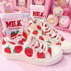 Harajuku+&+Fashion+strawberry+canvas+shoes. We+offer+FREE+and+USPS+shipping+for+USA+and+China+Post+for+any+other+country+in+the+world.+Customer+service+is+included+in+the+price+too!! Material:+canvas,+rubber; Color:+as+images; Style:+high-top,+low-top; Size:+US+size+5-8.5+(If+your+foot... Strawberry Shoes, Strawberry Fashion, Strawberry Things, Fun Shoes, Br Style, Kawaii Shoes, Kawaii Fashion Outfits, Aesthetic Shoes, Pretty Shoes