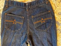 "Vintage 70s gals jeans by Montgomery Ward, stars embroidered on back pockets, so freaking cute! In good shape. Waist 28\" Inseam 35\"" Vintage Jeans Pockets, Embroidery Back Pocket Jeans, Embrodered Jeans, Embroiderd Jeans, Embroidered Jeans Pocket, Star Pocket Jeans, 1970s Embroidery, Embroidery On Jeans, Embroided Jeans