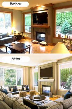 before and after pictures of a living room remodel with fireplace, tv, couches