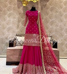 Made to Order/Measurement/Custom Order Lehenga - Color : rani pink - Fabric : embroidered Georgette  - Fully flared paneled lehenga - Drawstring closure with Tassels - - It can be customize in any design or size  PLEASE NOTE: BUYERS ARE RESPONSIBLE FOR ANY CUSTOMS AND IMPORT TAXES THAT MAY APPLY. This is a made to order product. If you opt for 'Made To Measurement Option', we will provide a measurement template and you can share the measurements likewise. If you want to opt for 'Standard Size', Please refer to the size chart provided in the listing. Shipping: Standard Shipping is done by DHL ecommerce and it mostly takes 2 to 3 weeks to deliver after dispatch. Express Shipping is done by DHL express and it mostly delivers within a week after dispatch. Fabric Care : Dry Clean Only PLEASE NO Designer Semi-stitched Sharara With Dori Work, Reception Salwar Kameez With Dori Work In Georgette, Georgette Salwar Kameez With Dori Work For Reception, Reception Sharara With Dupatta In Georgette, Georgette Sharara With Dupatta For Reception, Bollywood Style Semi-stitched Sharara With Dori Work, Semi-stitched Floor-length Sharara With Dori Work, Wedding Sharara With Dori Work In Georgette, Wedding Georgette Sharara With Dori Work