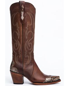 Brown Snip Toe Heeled Boots For Rodeo, Rustic Leather Boots With Pointed Toe, Fitted Snip Toe Boots With Leather Footbed, Western Snip Toe Boots With Heel Tab, Brown Wide Calf Moto Boots With Snip Toe, Brown Heeled Boots With Wide Calf And Snip Toe, Brown Wide Calf Heeled Boots With Snip Toe, Brown Cowgirl Boots Outfit, Women Cowboy Boots