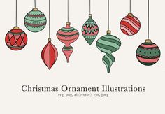 christmas ornament illustrations with ornaments hanging from strings