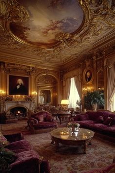 an ornate living room with purple couches and paintings on the walls