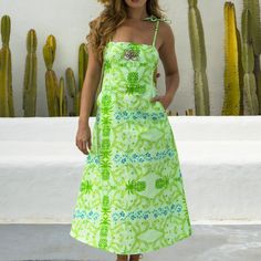 Get ready to unleash your inner flirt in our chic midi-length linen Baby Dress - it's a charming, and absolutely irresistible linen piece that demands attention! Crafted from sustainable linen fabric, this is more than just a dress; it's a passionate affair with sustainability. Embellished with a playful pineapple print in lively lime green, chartreuse and turquoise hues, it's a vivacious explosion of sass and style. The moment you slip into this creation, you'll reign as the epitome of summer c Spring Linen Midi Dress For Brunch, Spring Linen Sundress For Vacation, Spring Linen Maxi Sundress, Chic Linen Floral Print Dress, Summer Brunch Linen Midi Dress, Floral Print Linen Dresses For Brunch, Floral Print Linen Maxi Dress, Linen Sundress Midi Length For Day Out, Spring Vacation Sundress In Linen