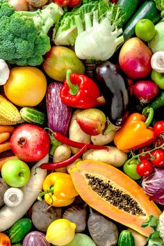 many different fruits and vegetables are grouped together