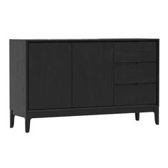 the sideboard is black and has three drawers on one end, and two doors on the