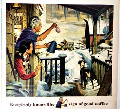 an old advertisement for coffee with two children and a dog on the porch in the snow