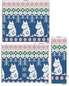 three cross stitch patterns with rabbits and snowflakes