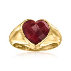 Ross-Simons - 4.90 Carat Ruby Heart Ring in 18kt Gold Over Sterling. Size 6. Enrich any ensemble by adding this fabulous, fiery statement ring! Features a 4.90 carat heart-shaped ruby set in 18kt yellow gold over sterling silver. 3/8" wide. Ruby ring. Ruby birthstones are the perfect gift for July birthdays. Valentine's Day Ruby Heart Cut Ring, Valentine's Day Heart Cut Ruby Ring, Classic Heart-shaped Ruby Ring For Formal Occasions, Heart-shaped Ruby Ring For Formal Occasions, Heart-shaped Gemstone Ring For Valentine's Day, Classic Heart Cut Ruby Ring For Valentine's Day, 14k Gold Heart Cut Ruby Ring For Valentine's Day, Valentine's Day Yellow Gold Ruby Ring With Heart Cut, Valentine's Day 14k Gold Heart Cut Ruby Ring