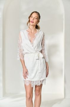 best white lace bridal robe for getting ready from By Catalfo Bridal Slip Dress, Lace Bridal Robe, Lace Edges, Bridal Robe, White French, Lace Bridal, Bridal Robes, White Bridal, Scalloped Lace