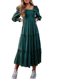 M21DR9348-102 Dark Green Ruffled Dress For Party, Dark Green Elegant Ruffle Dress, Elegant Dark Green Ruffled Dress, Elegant Dark Green Dress With Ruffles, Holiday Green Long Sleeve Maxi Dress, Dark Green Summer Evening Dress, Dark Green Evening Dress For Summer, Chic Fitted Dark Green Midi Dress, Dark Green Evening Dress For Spring