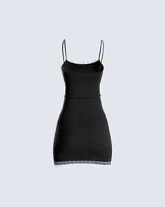 Wearing this sexy LBD will have all eyes on you 😍 Made from slinky jersey fabric, featuring adjustable straps, blue lace at the neckline and hem, and a bodycon fit - this dress is the perfect staple 🖤 Fitted Cami Bodycon Dress With Built-in Bra, Fitted Mini Dress With Contrast Lace For Date Night, Mini Slip Dress With Lace Trim For Night Out, Lace Trim Mini Slip Dress For Night Out, Mini Length Lace Trim Slip Dress For Night Out, Flirty Camisole Dress With Lace Trim, Fitted Mini Slip Dress With Lace Trim, Fitted Camisole With Contrast Lace, Fitted Camisole With Contrast Lace And Spaghetti Straps