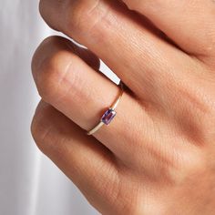 Here's Baguette Amethyst Birthstone Ring 14K Gold! Our Rectangle Customizable Single Birth Stone Ring will be best birthday gift for women mother, daughter, bestie or girlfriends! This Minimal Lavender Purple Gemstone Ring can be switched with her birthstone or birthmonth stone and turns to brilliant amethyst ring gold.  Minimal stone ring will be great amethyst ring 14K in her daily life! This Purple lover gift ring is also Anti Tarnish Ring and Permanent Jewelry. Please check our other birthst Lavender Amethyst Solitaire Ring As A Gift, Lavender Birthstone Ring As Gift, Lavender Birthstone Ring In Fine Jewelry Style, Dainty Amethyst Birthstone Ring, Purple Birthstone Ring With Prong Setting As Gift, Dainty Purple Birthstone Ring With Prong Setting, Fine Jewelry In 14k Gold With Lavender Color, Lavender Birthstone Ring Fine Jewelry, 14k Gold Faceted Birthstone Ring For Anniversary