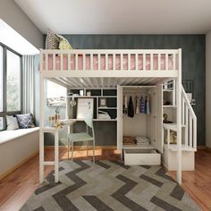 a loft bed with desk underneath it in a room that has hardwood floors and windows