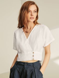 Affordable price buy Blouses on Shopcozy, SPU: 4491QBL6Q51E6, Color: White, Material:Linen, Elasticity:No Elasticity. Chic V-neck Top With Buttons, Chic Linen V-neck Top, V-neck Top With Buttons For Day Out, Elegant Linen Tops With Buttons, Cropped Linen Workwear Tops, Effortless V-neck Top For Daywear, Relaxed Fit Cropped Blouse, Casual Cropped Tops For Workwear, Versatile Cropped Linen Tops