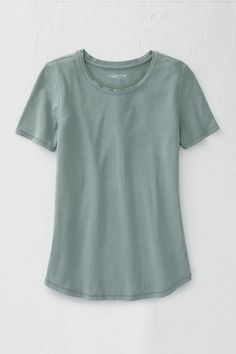 Our super-soft, exclusive knit tee drapes fluidly, keeps its shape and resists wrinkling – and is ready for summer in a short-sleeved silhouette. Double-layered scoopneck, rounded hem. Imported. Calm Summer, Dusty Teal, Womens Knit Tops, Bare Minimum, Knit Denim, Prairie Style, The Cafe, Warm Jacket, Knit Tops